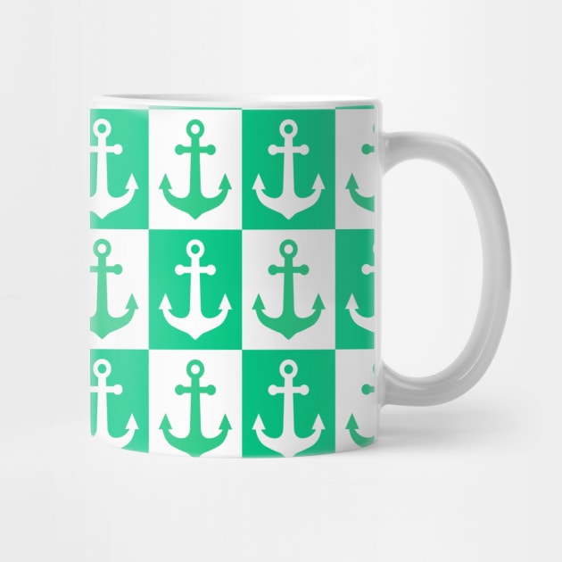 Checkered Ship Anchor Pattern - Ocean Green and White by DesignWood Atelier